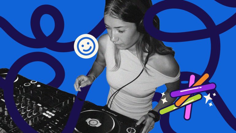 DJ operating a mixer, set against a vibrant blue background with colorful, abstract lines and symbols, including a smiley face and vivid stars.