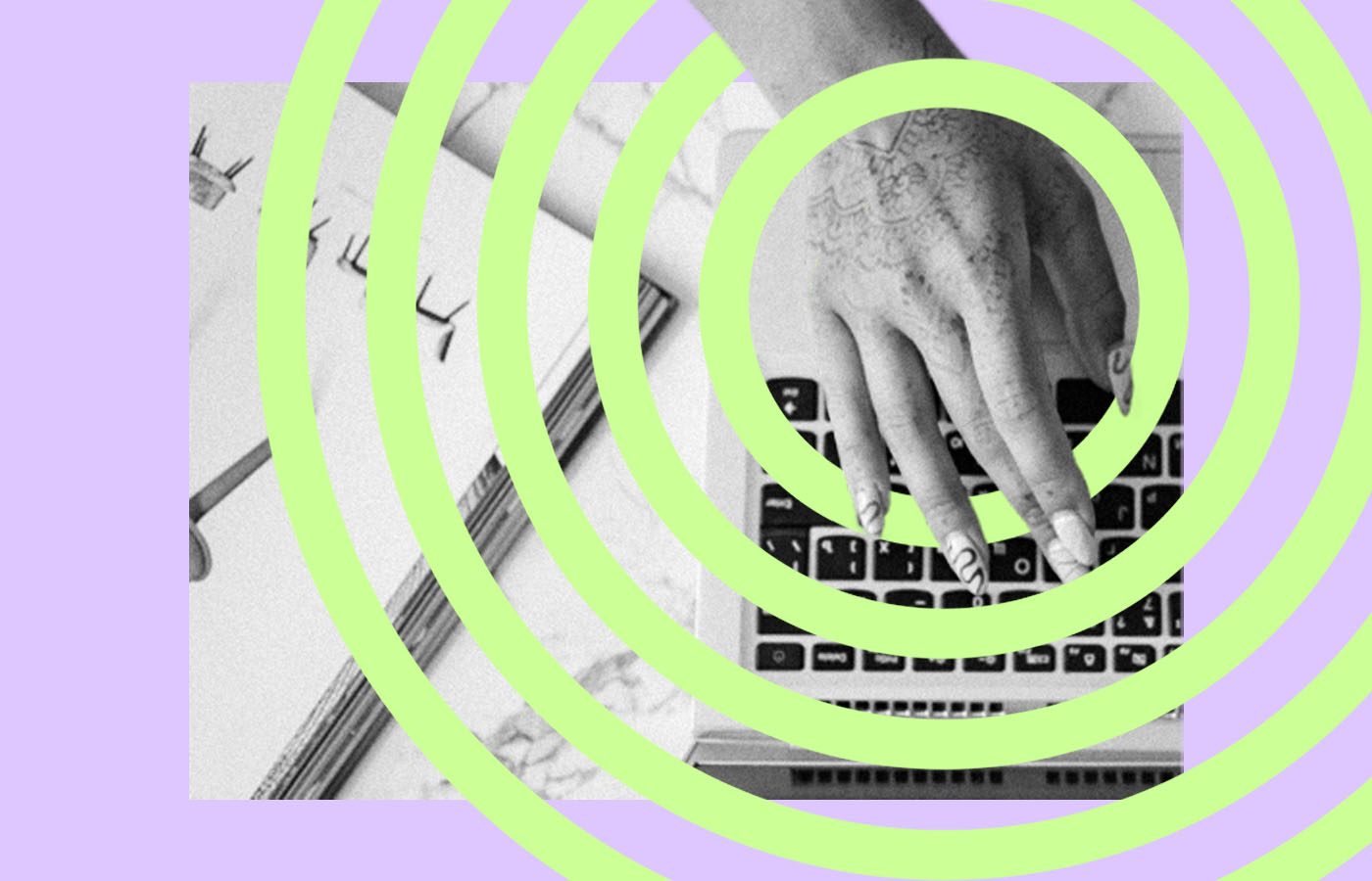 A hand with detailed nail art is typing on a laptop keyboard. Next to the laptop is an open Vogue magazine with fashion articles visible. Pale green concentric circles overlay the image, set against a light purple background.