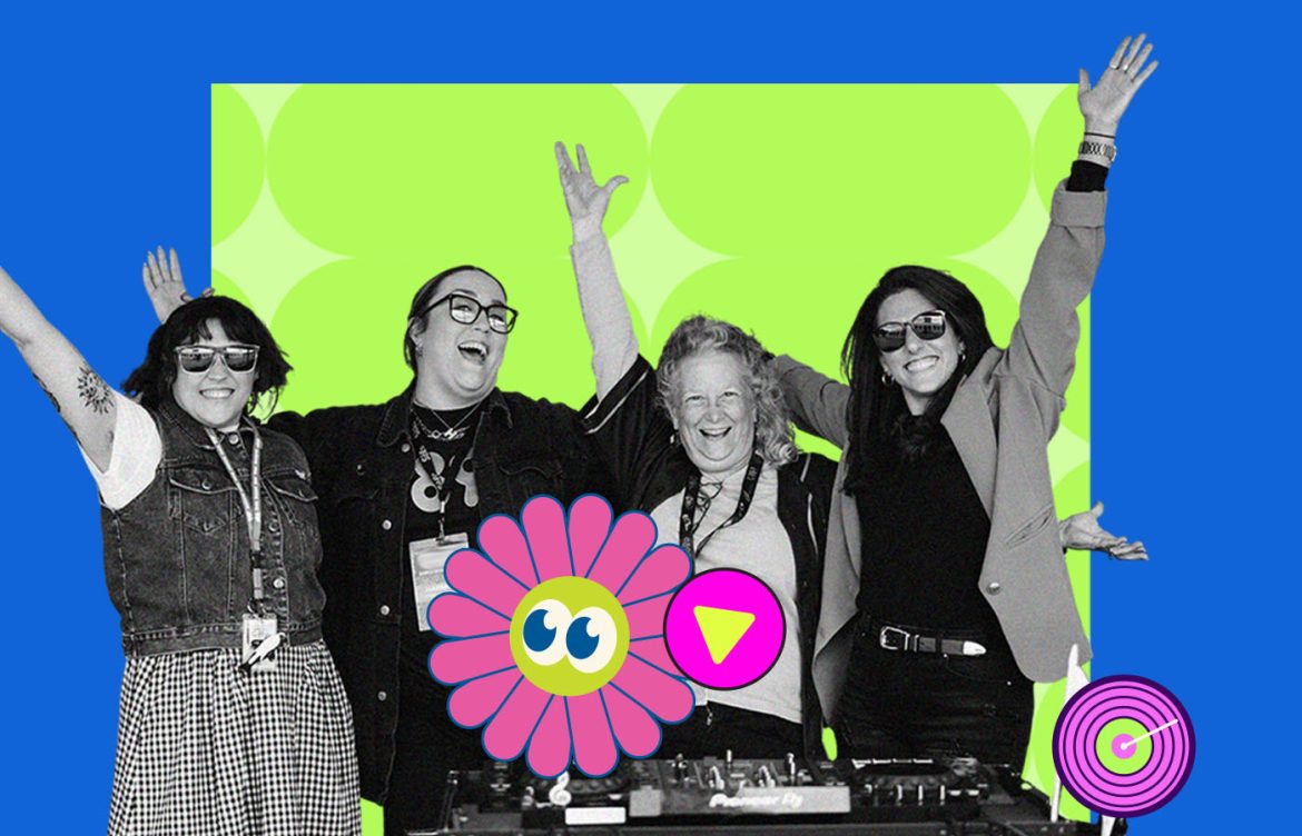 Group of four people smiling and raising their arms in celebration. They're standing behind a DJ booth with equipment. Bold text above reads "We Are Hiring!" with a bright, colorful background. Logo at the bottom says "DANCE89.5.