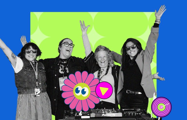 Group of four people smiling and raising their arms in celebration. They're standing behind a DJ booth with equipment. Bold text above reads "We Are Hiring!" with a bright, colorful background. Logo at the bottom says "DANCE89.5.