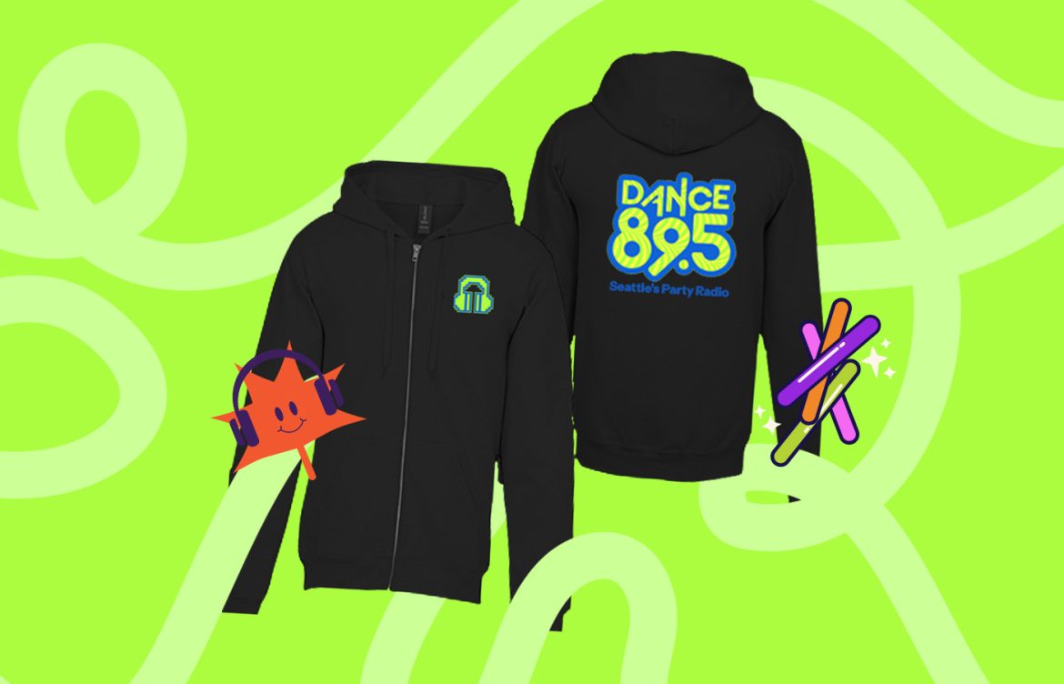 Two black zip-up hoodies are displayed with "Dance 89.5 Seattle's Party Radio" printed on the back. The front features a small green logo. The background is bright green with stylized graphics of a smiling star wearing headphones and colorful glow sticks.