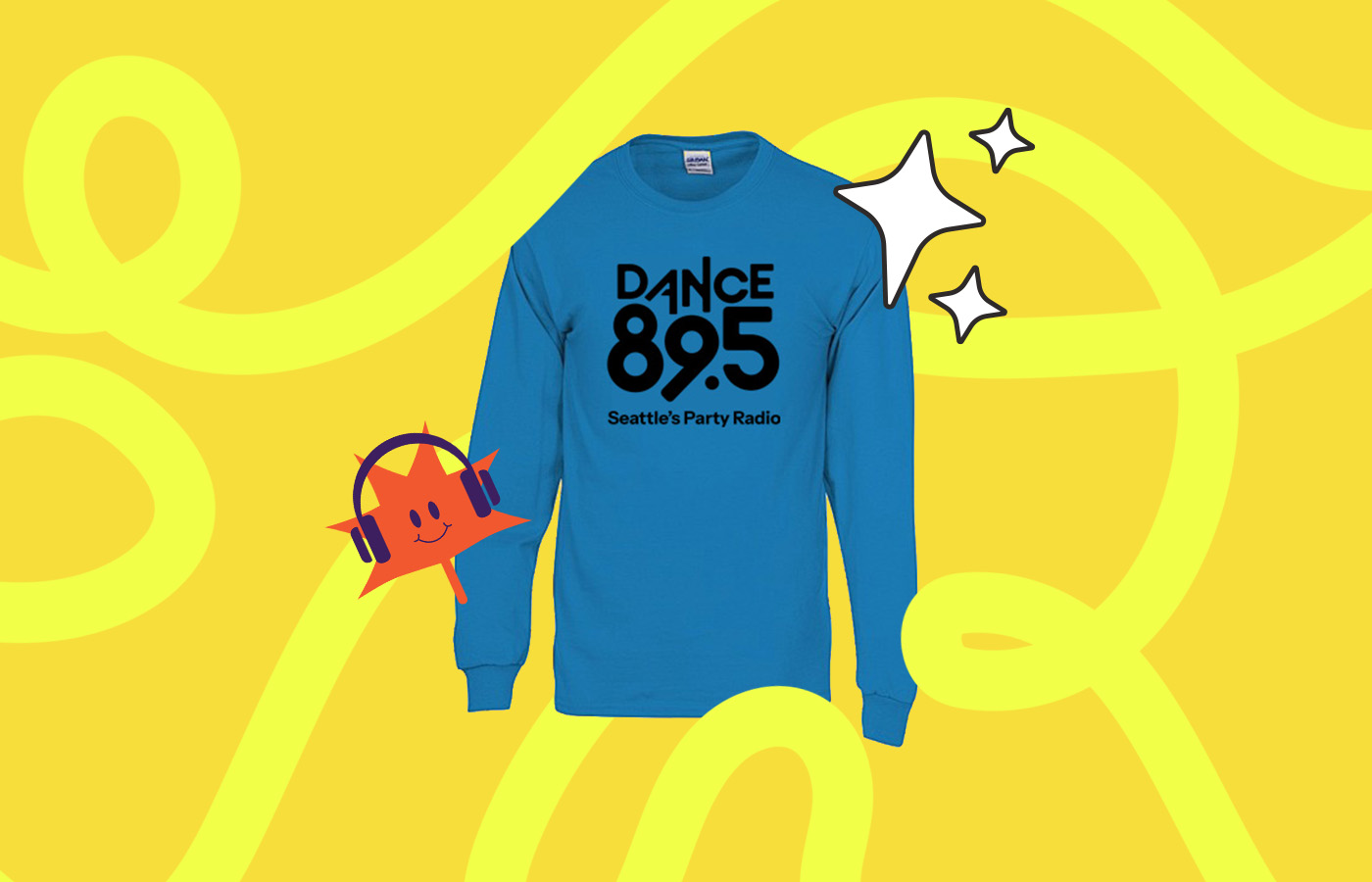 A blue long-sleeve shirt featuring the text "DANCE 89.5 Seattle's Party Radio" in bold black letters. The background is bright yellow with swirling patterns, a red smiling star wearing headphones, and two white sparkling star graphics.