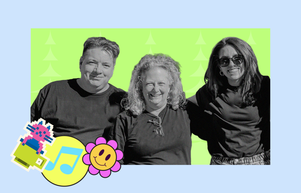 A group of three people smiling in front of a park background. The image has green wavy lines and reads "DANCE89.5" at the top and "We Are Hiring!" at the bottom. There are icons of a ring, stars, and a music note on the left.